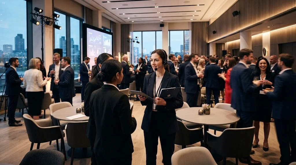 UK event manager coordinating a professional corporate event