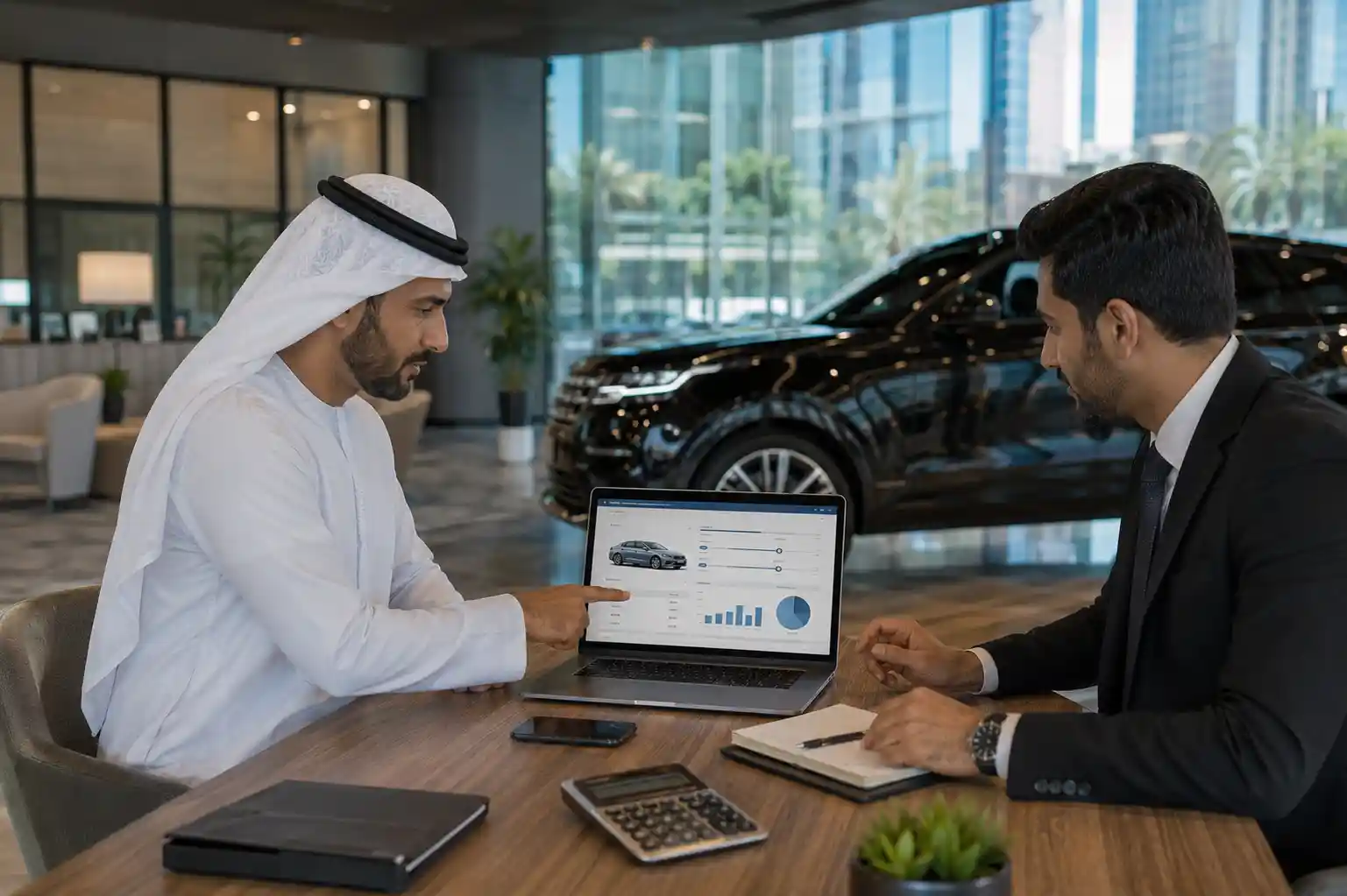 UAE resident calculating auto loan EMI on laptop