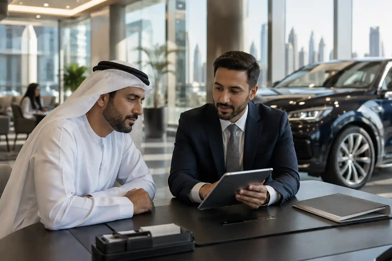Customer comparing UAE car loan financing options in bank office