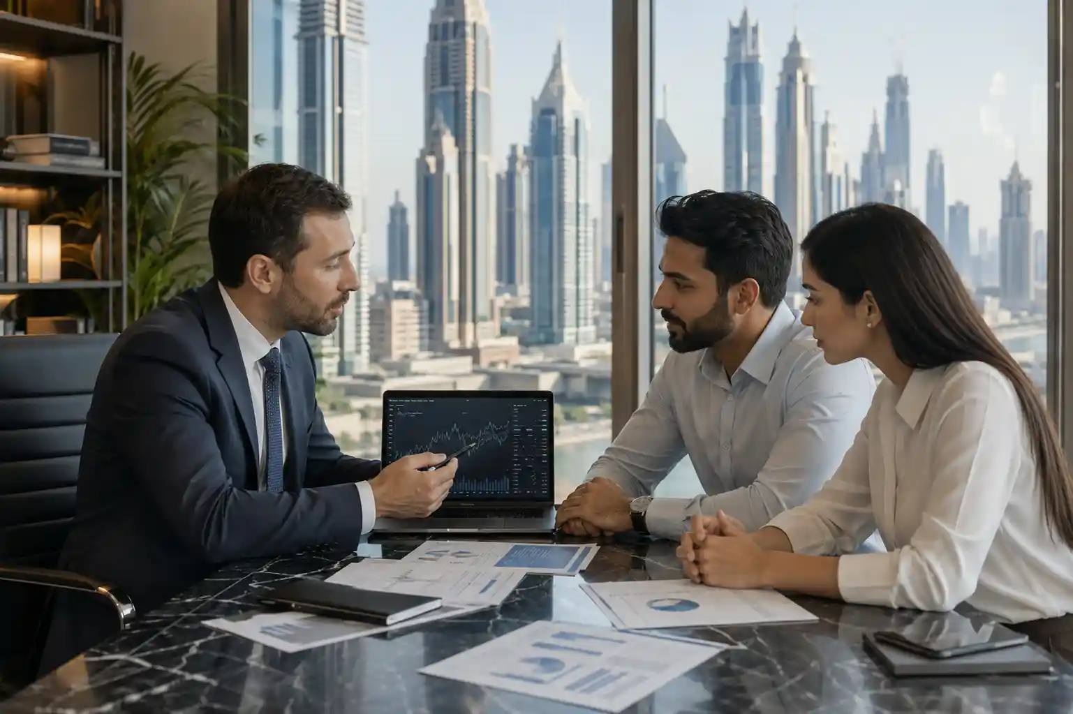 Financial advisor meeting expat clients in Dubai UAE office