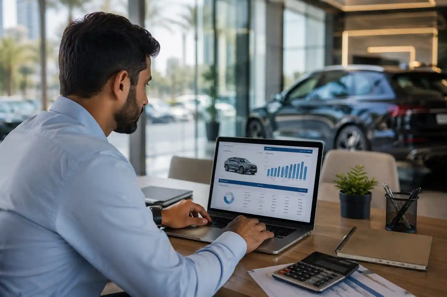 UAE resident calculating car loan EMI on laptop
