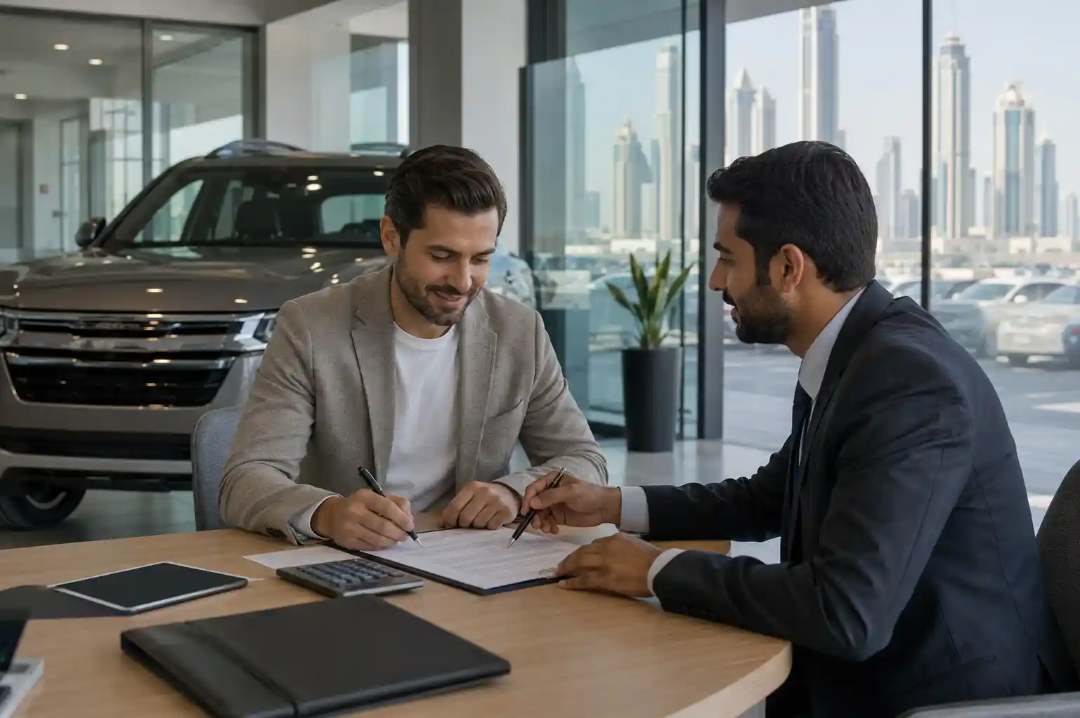 Expat customer applying for car loan in UAE dealership office