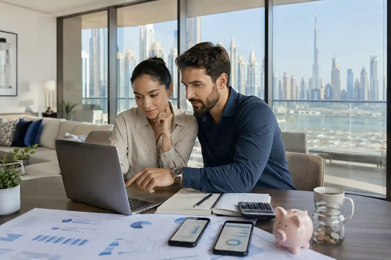 Expat couple planning finances and investments in Dubai UAE