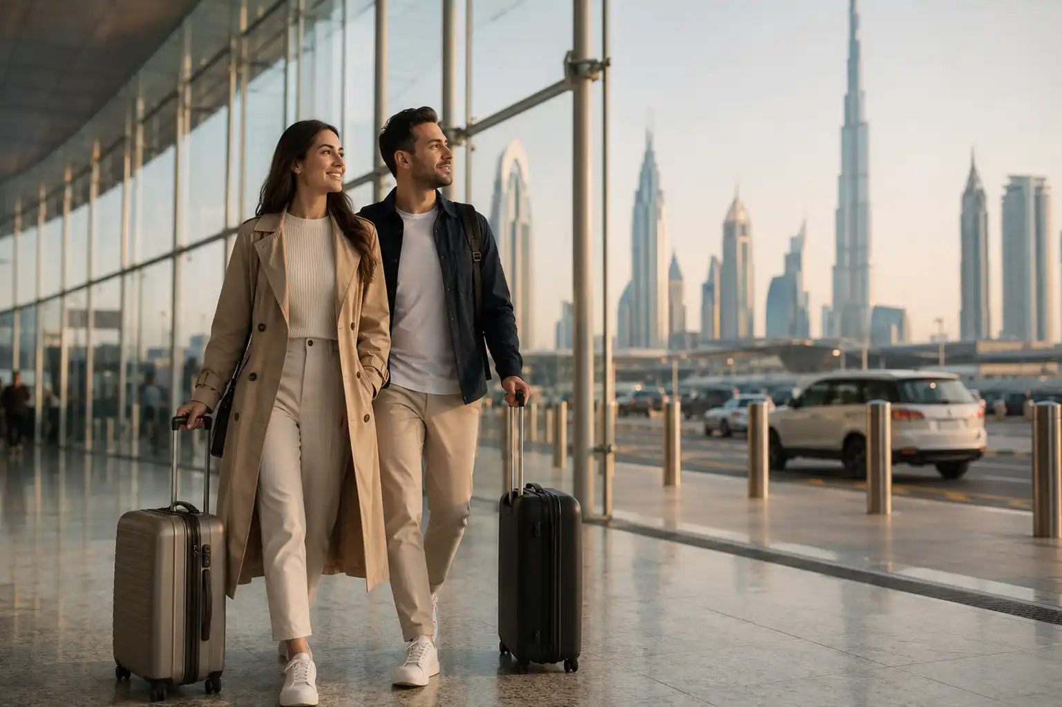 Expats relocating to Dubai with luggage and skyline background