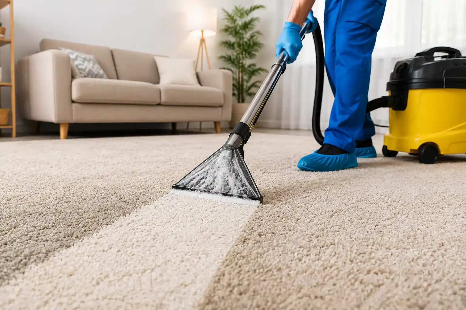 Professional carpet cleaning service using steam cleaner in a modern living room