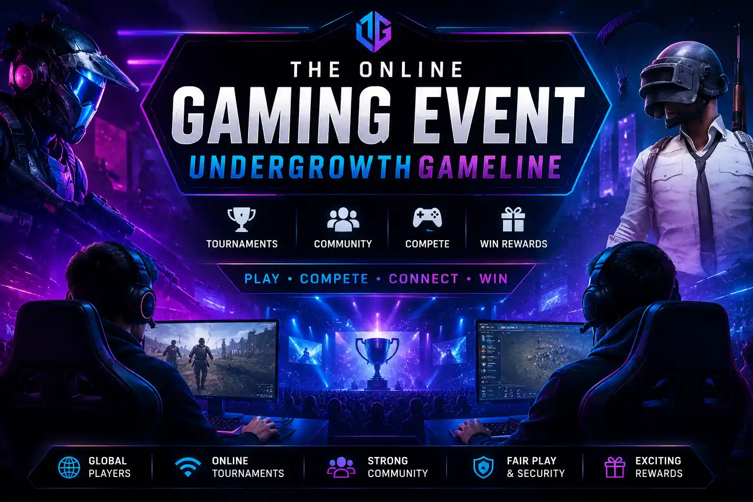 The online gaming event UndergrowthGameLine esports tournament with professional gamers and futuristic gaming arena