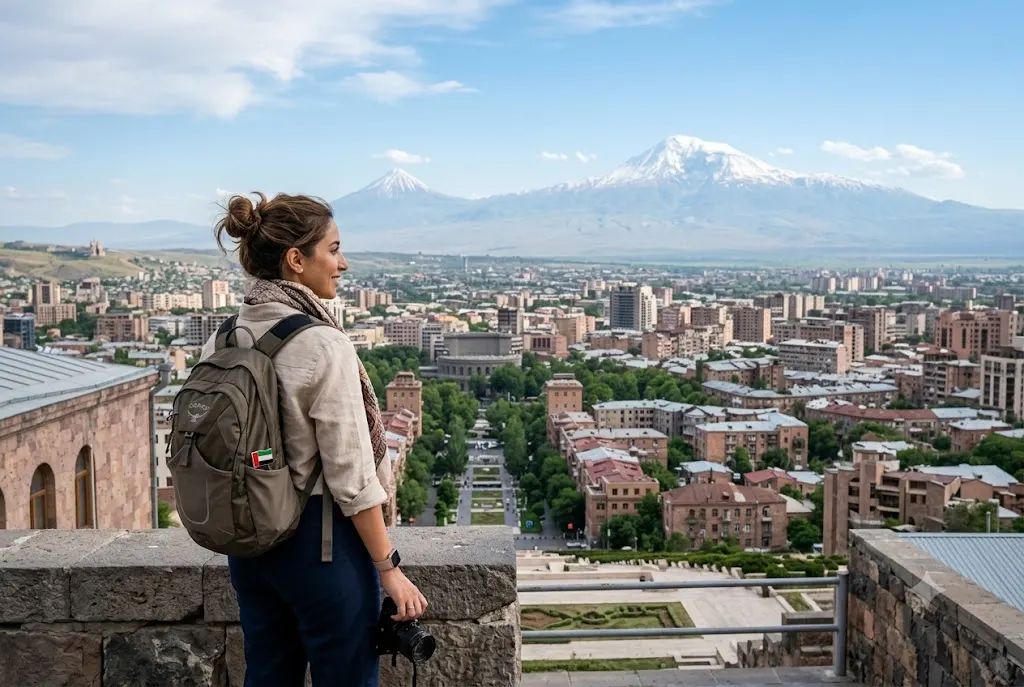 UAE traveler visiting Armenia with scenic mountain landscapes and historic architecture