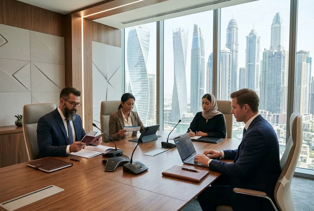 Business professionals in Dubai planning corporate travel arrangements and international business trips