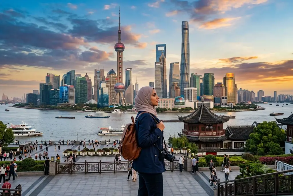 UAE traveler visiting China with modern skyline and cultural landmarks