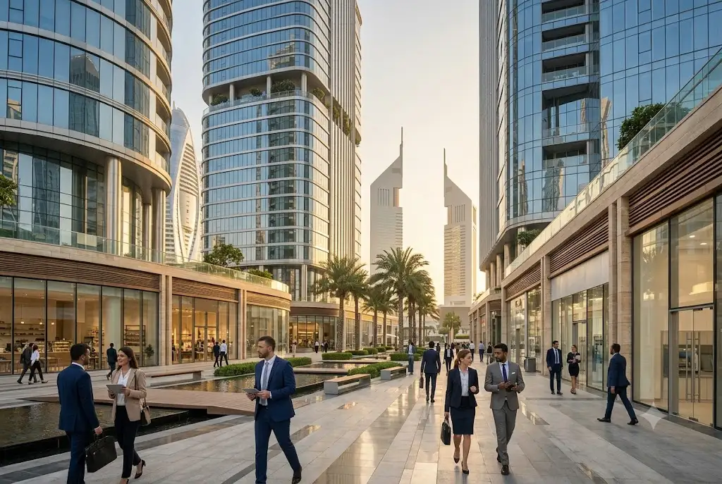Modern commercial property in Dubai featuring office towers and retail business spaces