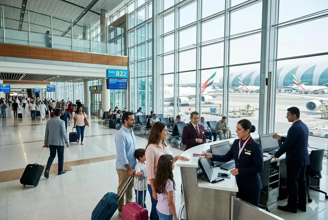 Airport professionals assisting passengers inside a modern Dubai airport terminal