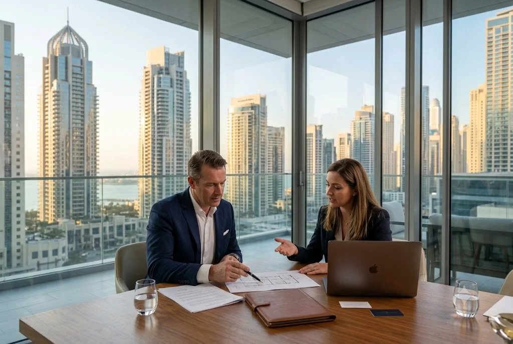 Property buyer reviewing Dubai real estate purchase documents with professional advisor