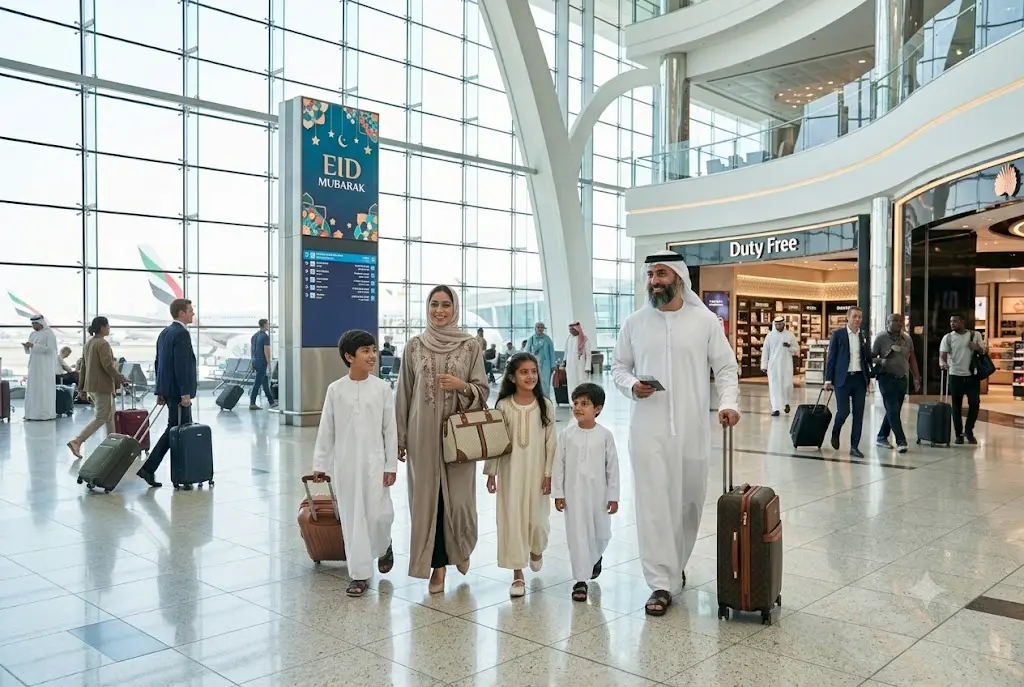 Family preparing for an Eid holiday trip from Dubai International Airport