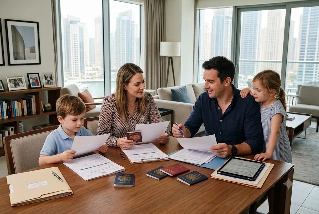 Family reviewing UAE residency sponsorship documents together