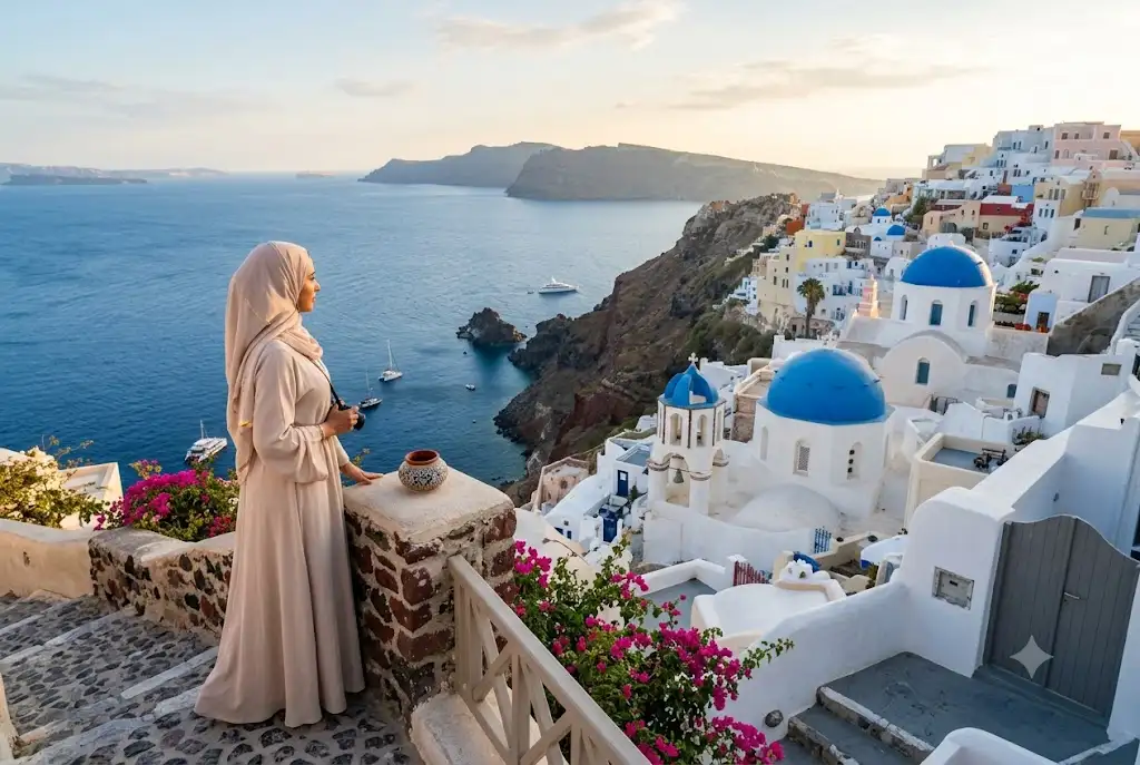 UAE traveler visiting Santorini Greece with iconic white buildings and sea views