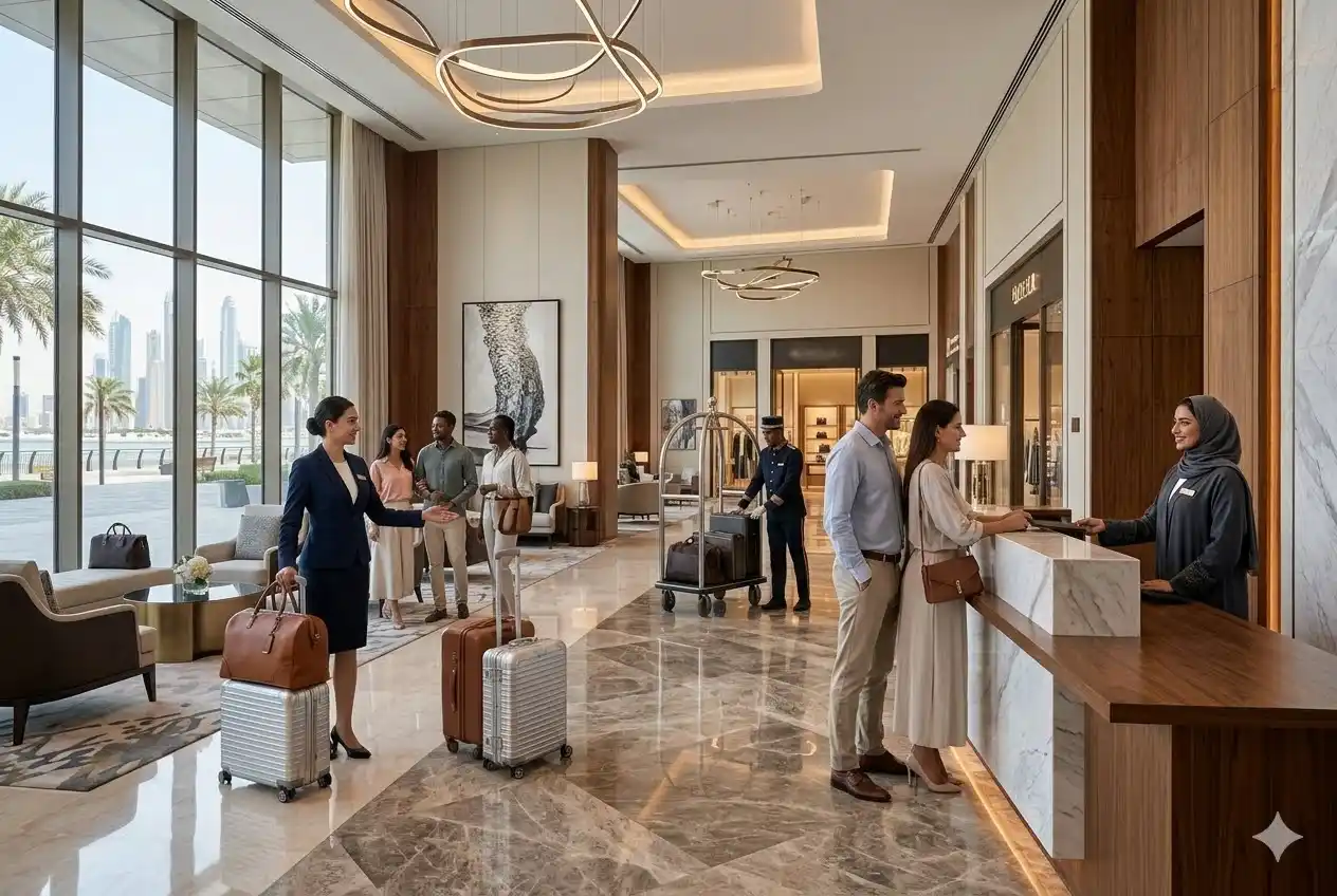Professional hotel staff working in a luxury Dubai hotel lobby