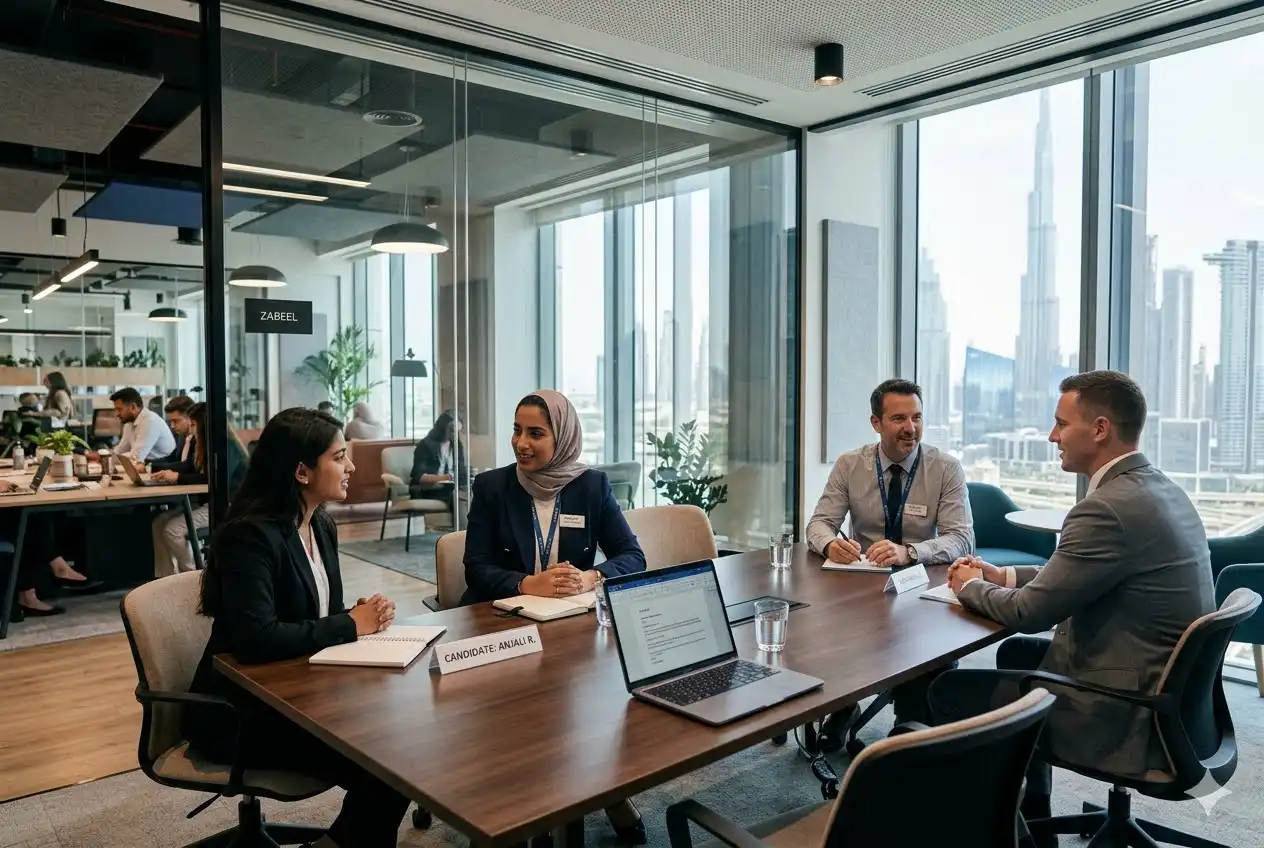 Human resources professionals interviewing candidates in a Dubai office