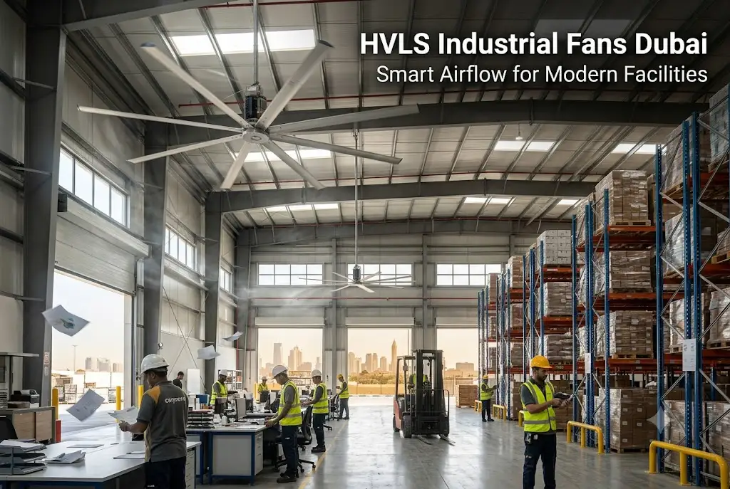 Large HVLS industrial fans improving airflow inside a warehouse facility in Dubai