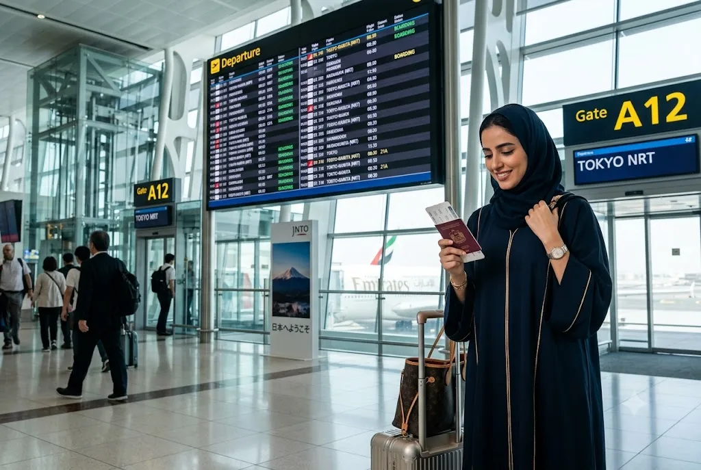 UAE resident preparing travel documents for a trip to Japan at an international airport