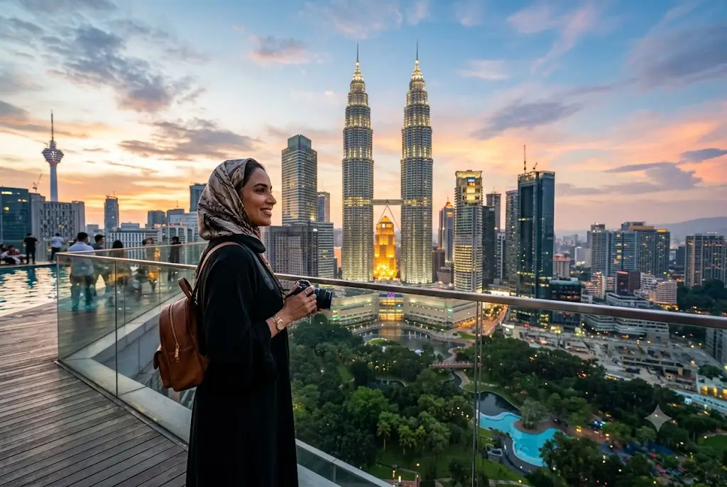 UAE traveler visiting Kuala Lumpur Malaysia with modern skyline and tourist attractions