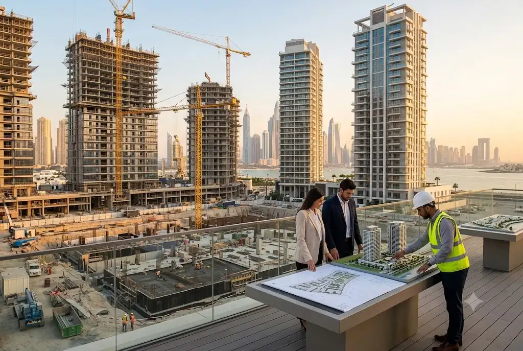 Modern off plan property development in Dubai with residential towers under construction