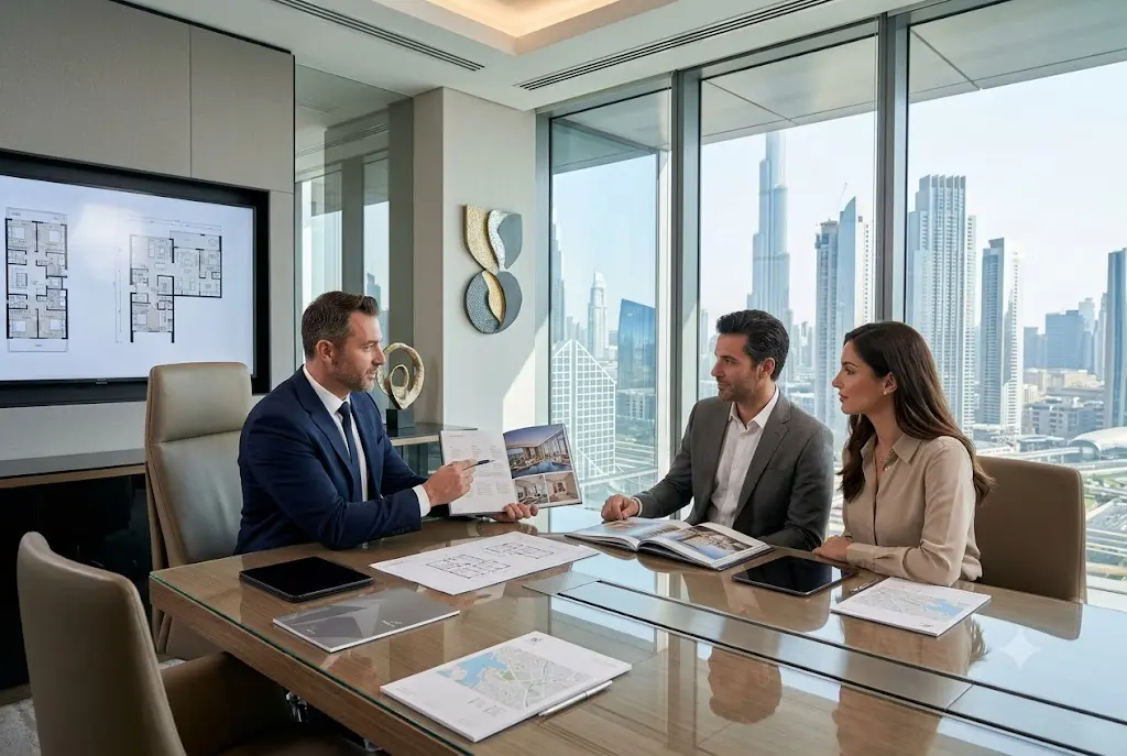 Professional real estate broker consulting clients in Dubai property market