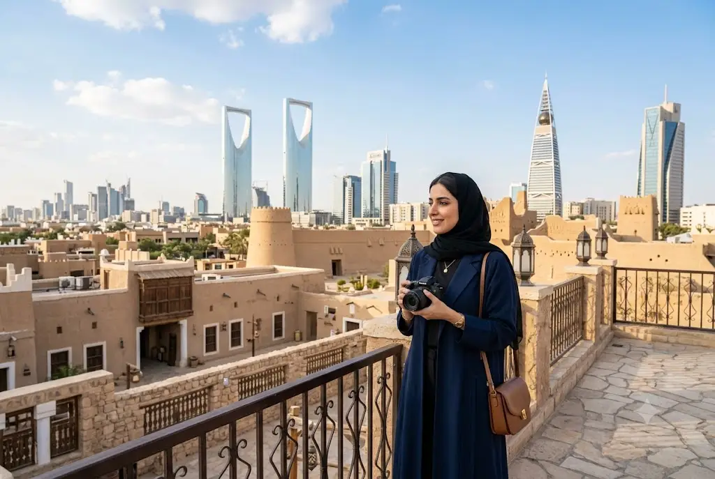 UAE traveler visiting Saudi Arabia with Riyadh skyline and cultural landmarks