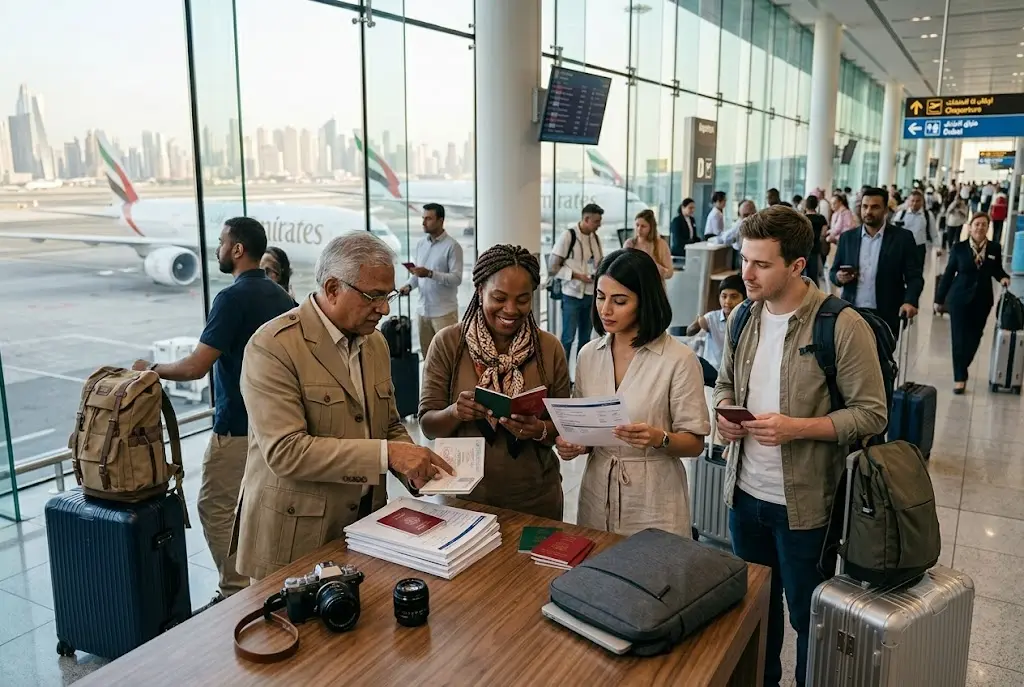 Traveler checking official travel documents before an international departure from Dubai