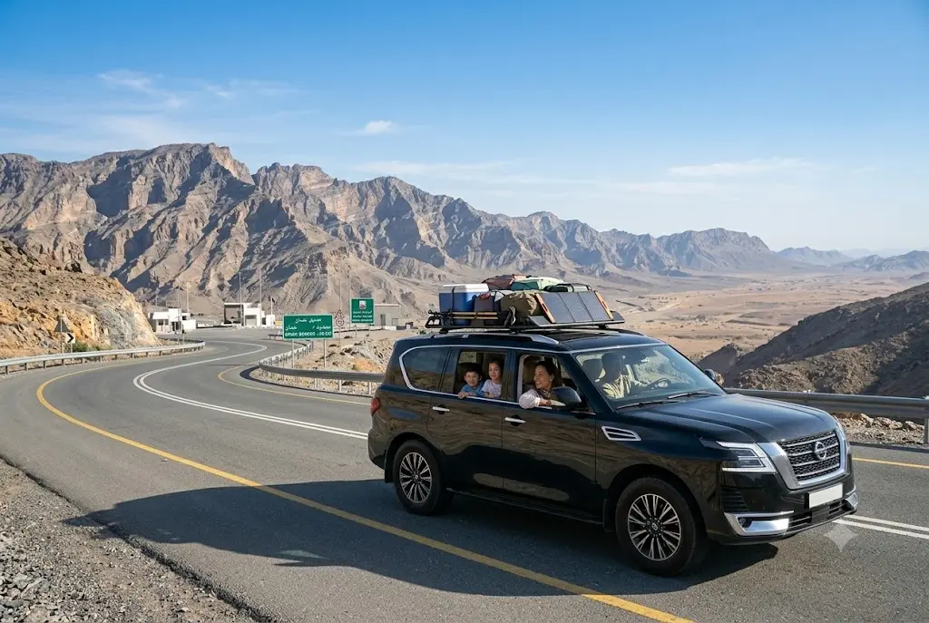 SUV traveling from Dubai to Oman through scenic desert and mountain roads