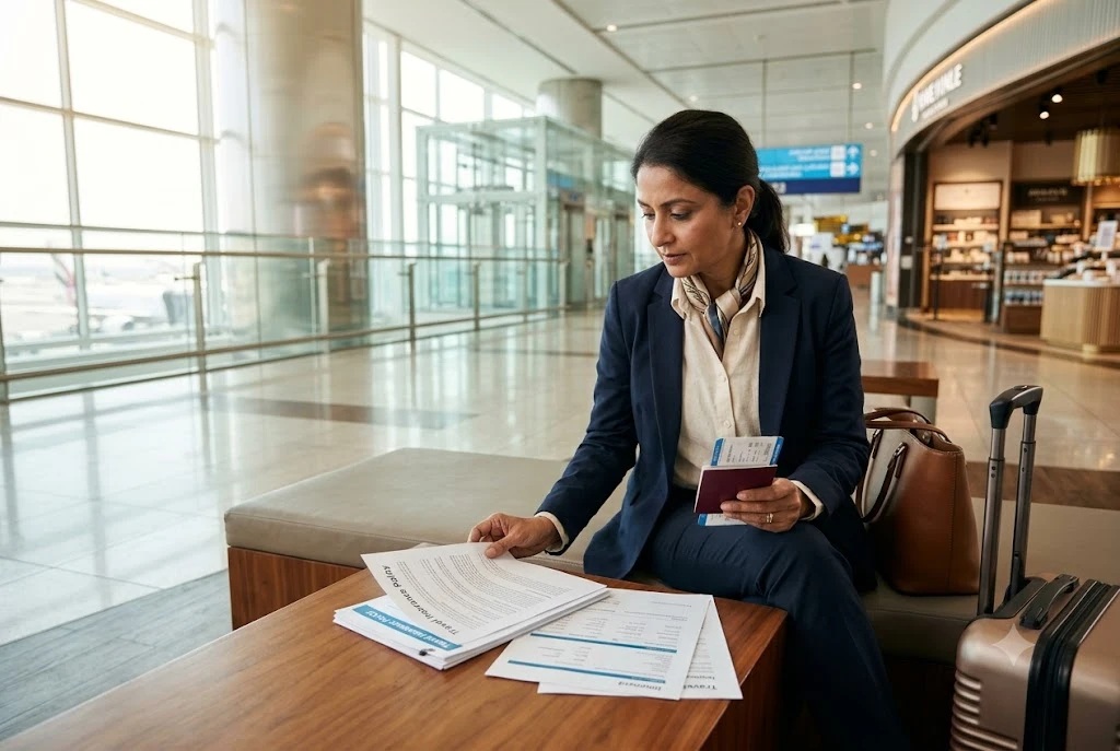 Traveler at Dubai airport holding travel documents and insurance papers before an international trip