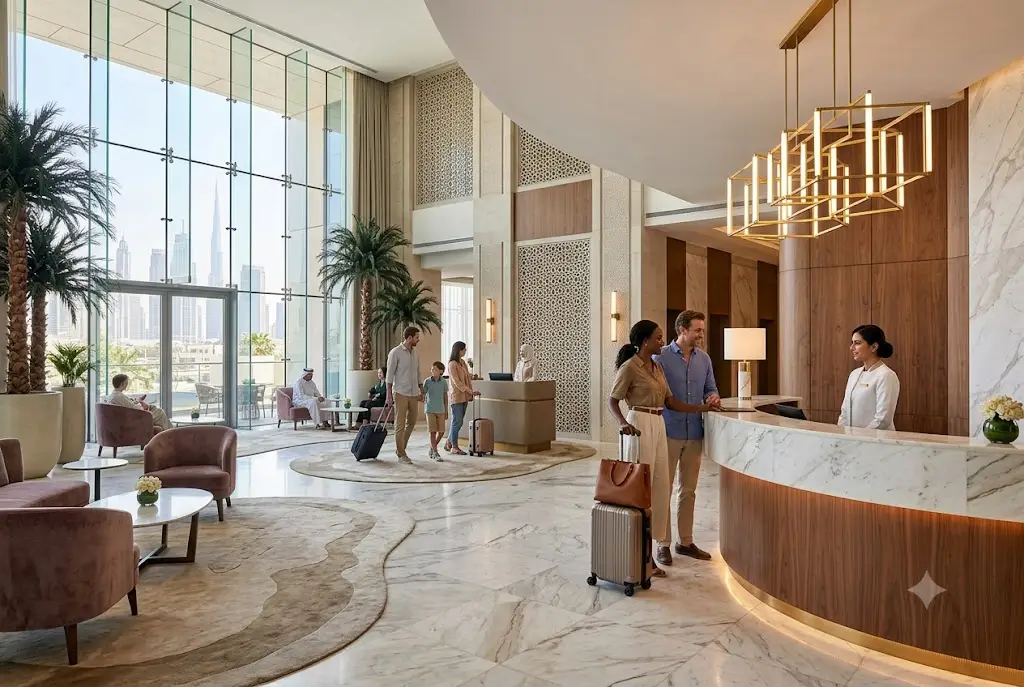 Modern hotel lobby in Dubai welcoming international travelers and tourists