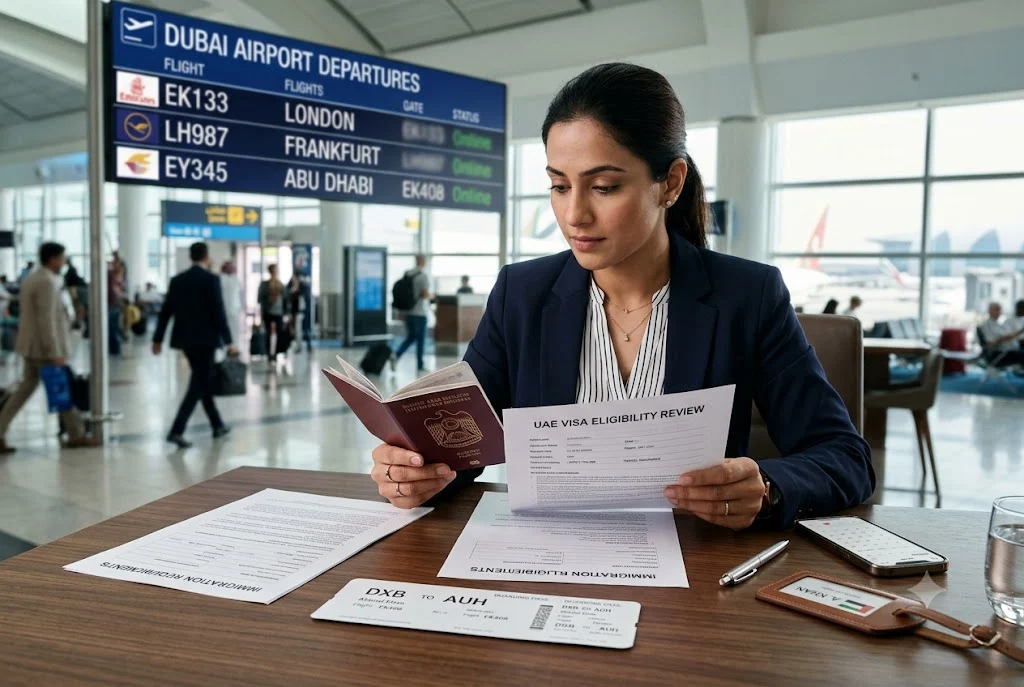 Traveler reviewing UAE visa eligibility requirements and travel documents