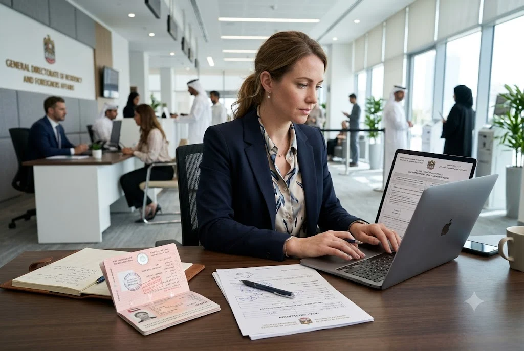 Person reviewing UAE visa cancellation documents and immigration records
