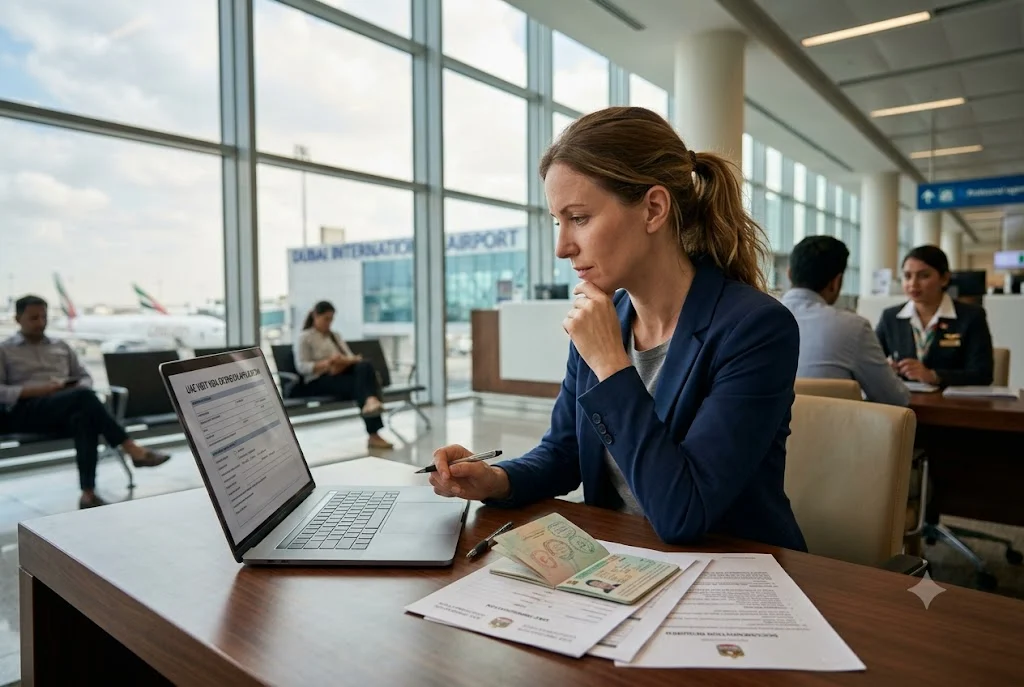 Traveler reviewing UAE visit visa extension requirements and documents