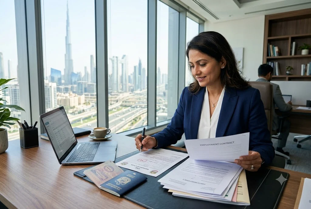 Professional reviewing UAE work visa documents and employment paperwork