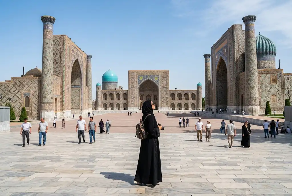 UAE traveler visiting historic landmarks in Uzbekistan including Samarkand architecture