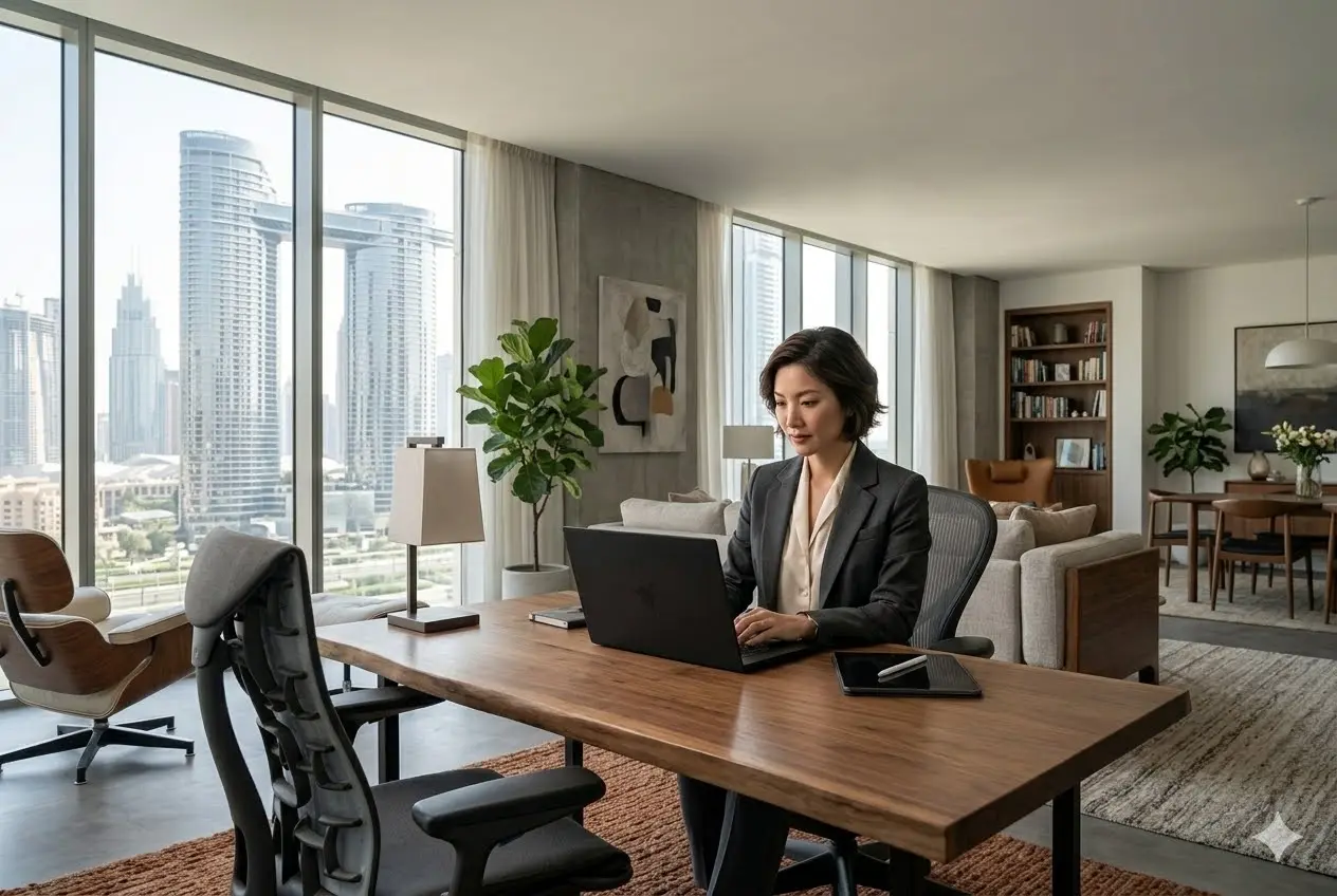 Professional working remotely from home in Dubai using a laptop
