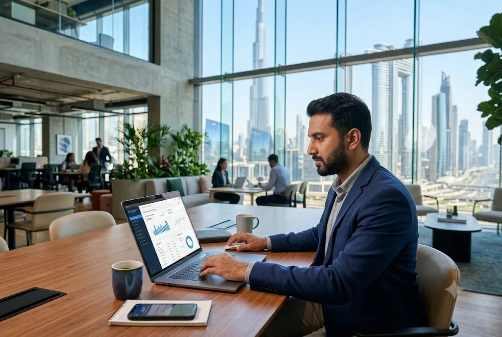 Entrepreneur managing the best online business in UAE from a modern office
