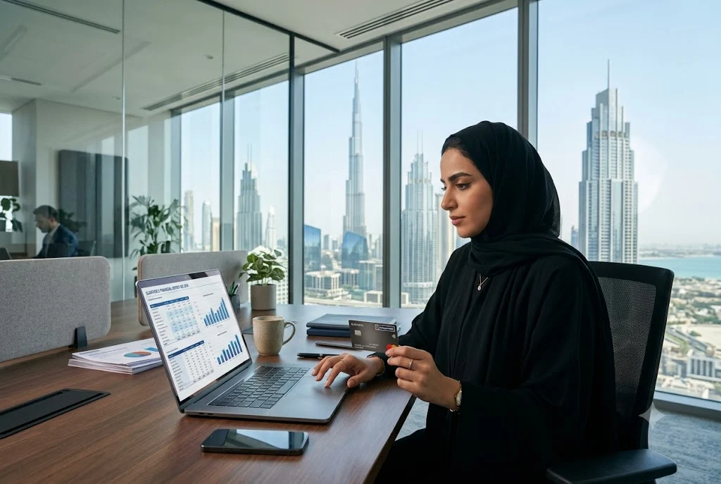 Business credit card UAE being used by a company owner to manage corporate expenses in Dubai