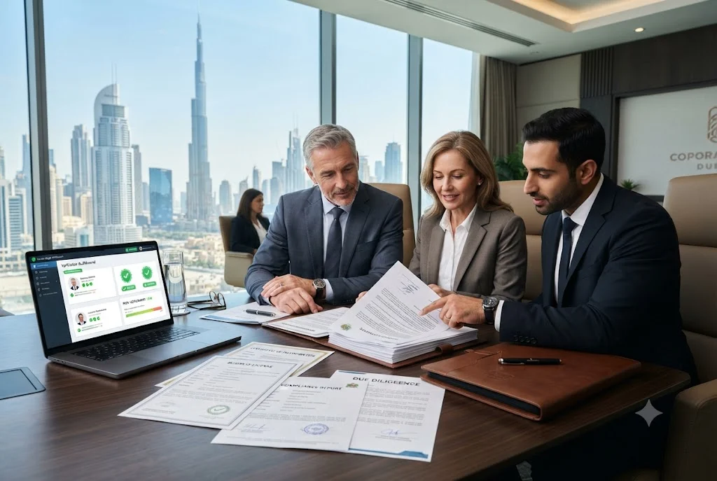 Two business executives reviewing verified company documents and due diligence reports before signing a business partnership agreement in a modern Dubai boardroom.
