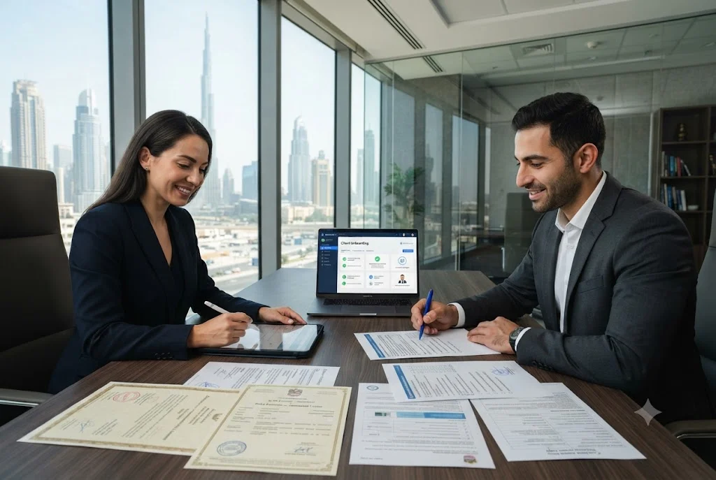 Business professionals reviewing a client verification checklist and official company documents during a new client onboarding meeting in a modern Dubai office.