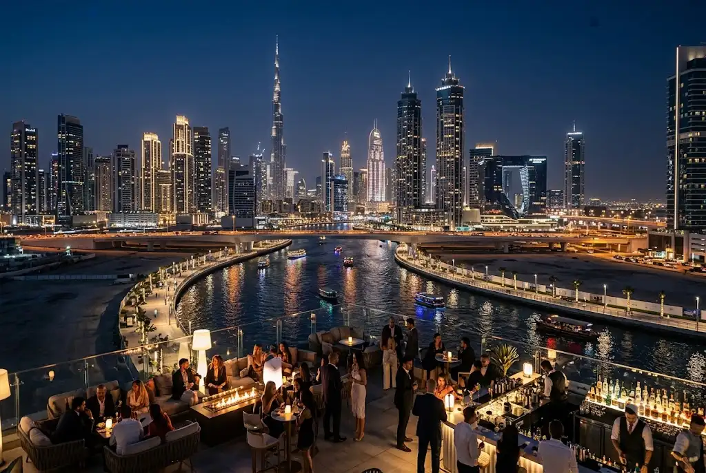 Luxury clubs in Business Bay with Dubai skyline and rooftop nightlife.