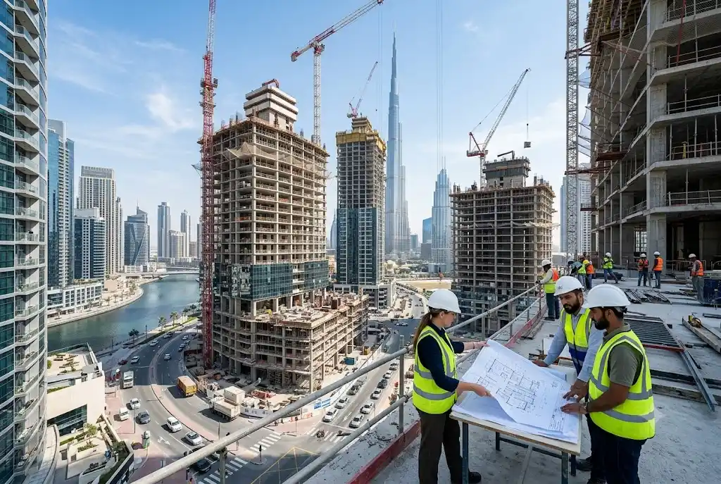 Professional construction companies in Business Bay working on a modern commercial development in Dubai.