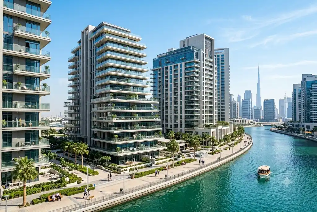 Flats for rent in Business Bay featuring modern residential towers and canal views