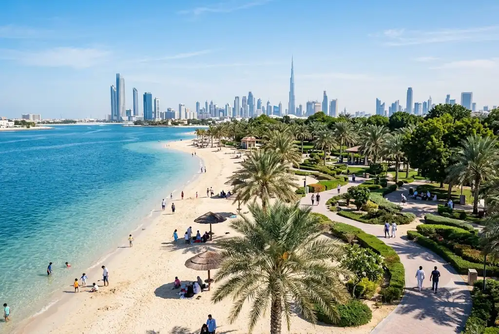 Visitors enjoying mamzar beach park in Dubai with beaches, gardens, and walking paths.
