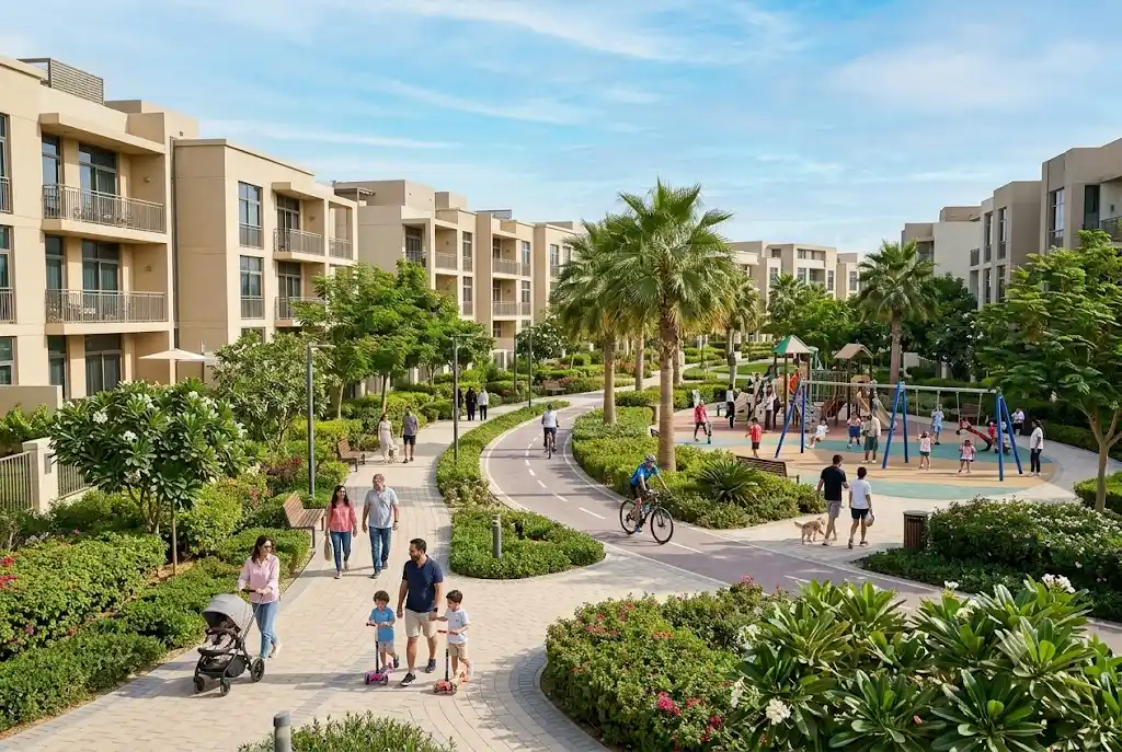 Modern residential buildings and landscaped gardens in Remraam Dubai community.