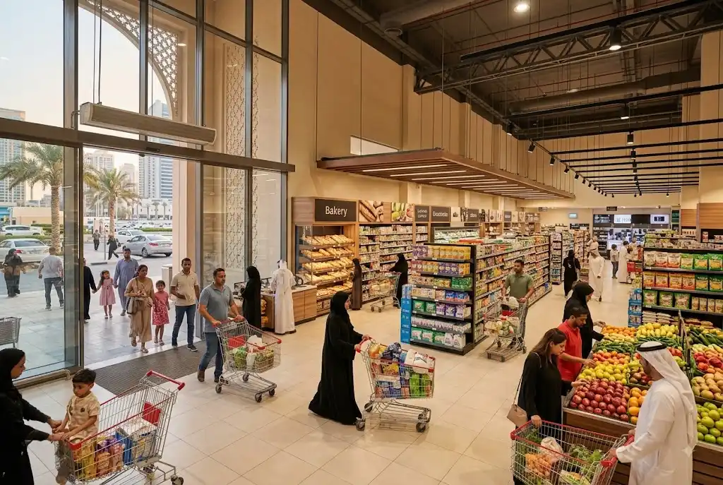Nesto near me UAE supermarket with shoppers and groceries
