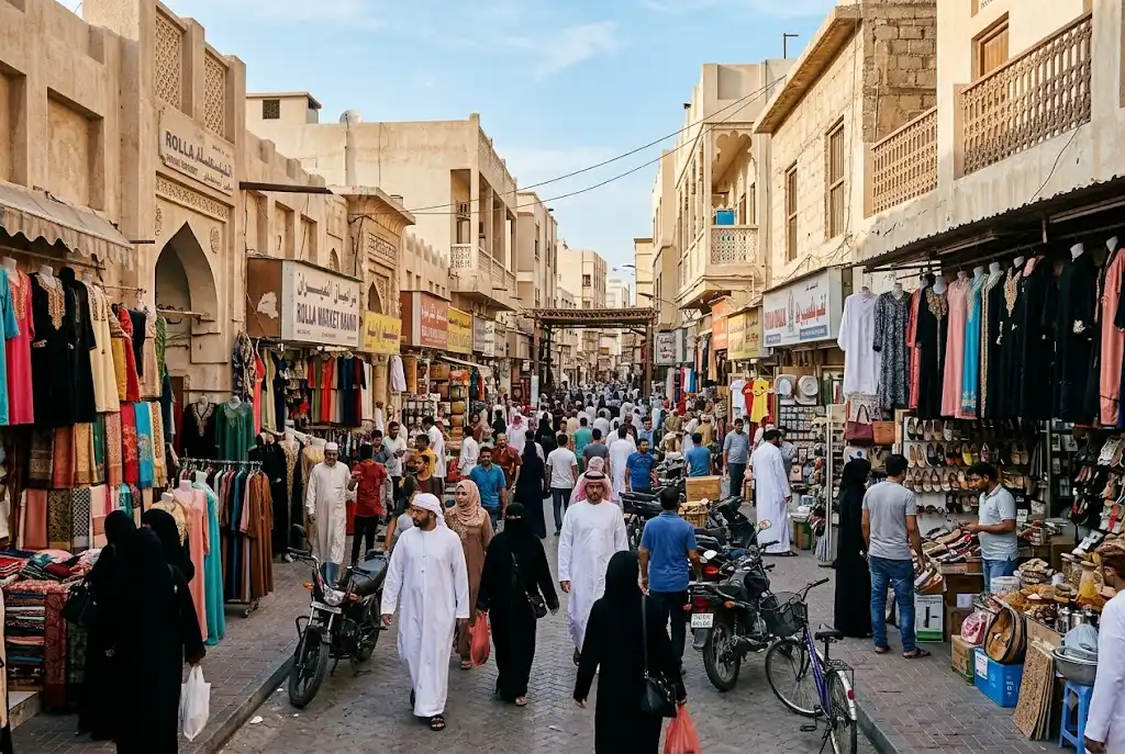 Rolla Market Sharjah with local shops and shoppers