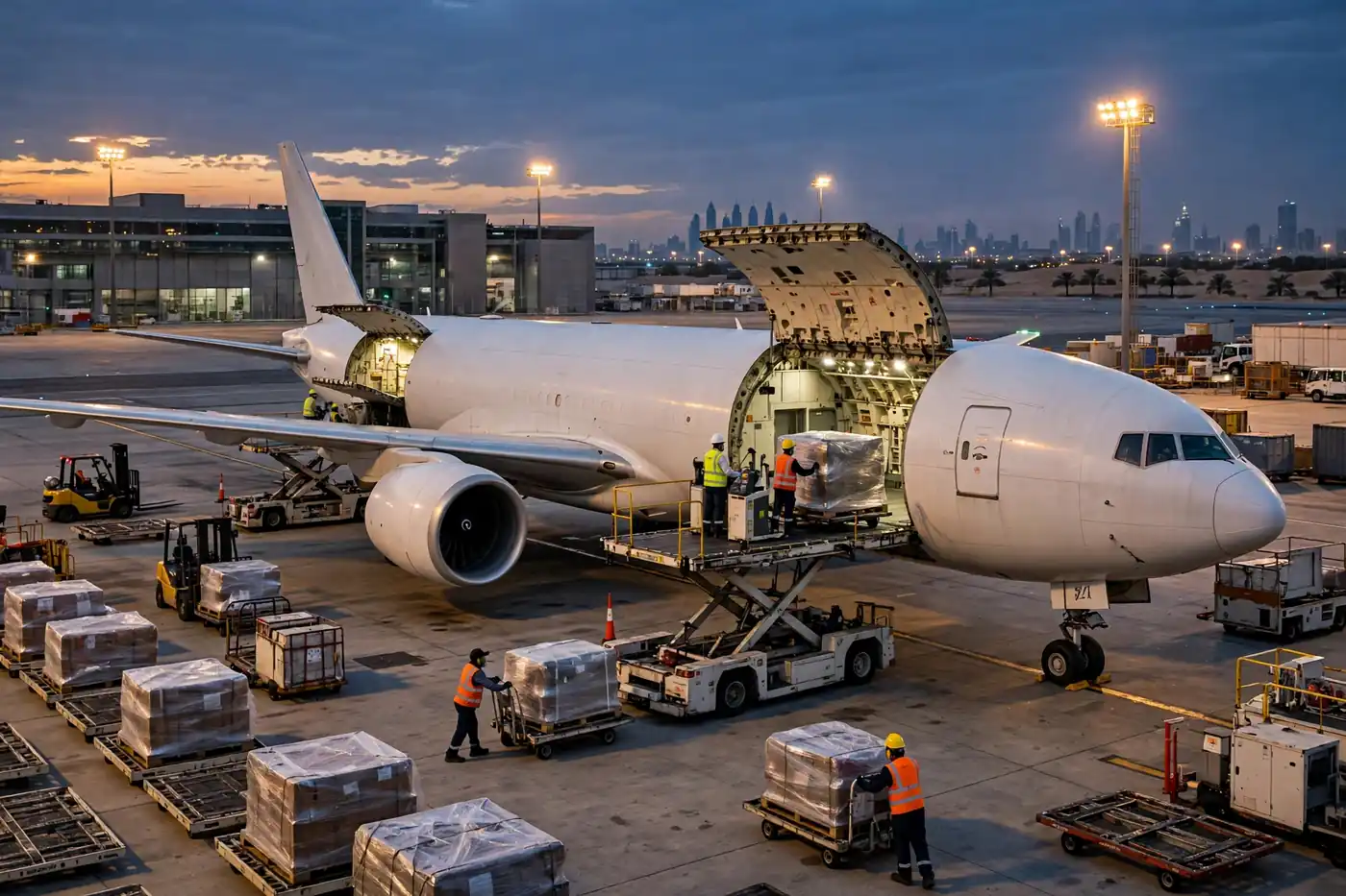 Workers loading pallets for air cargo services in UAE at an airport
