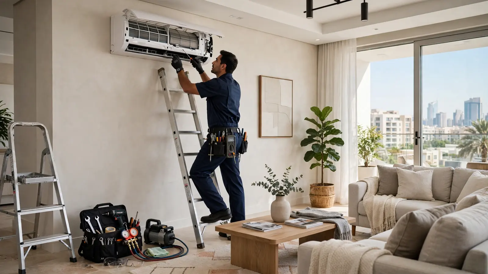 Technician servicing air conditioning in UAE in a modern living room